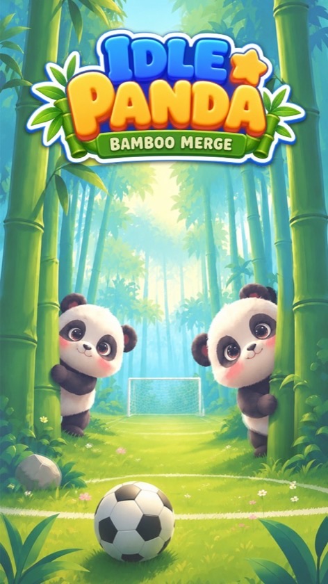 Pandas playing soccer in bamboo forest
